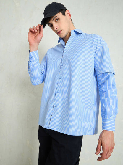 Men Blue & White Stripes Overlap Sleeve Relax Fit Shirt