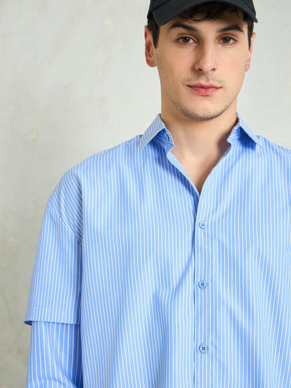 Men Blue & White Stripes Overlap Sleeve Relax Fit Shirt