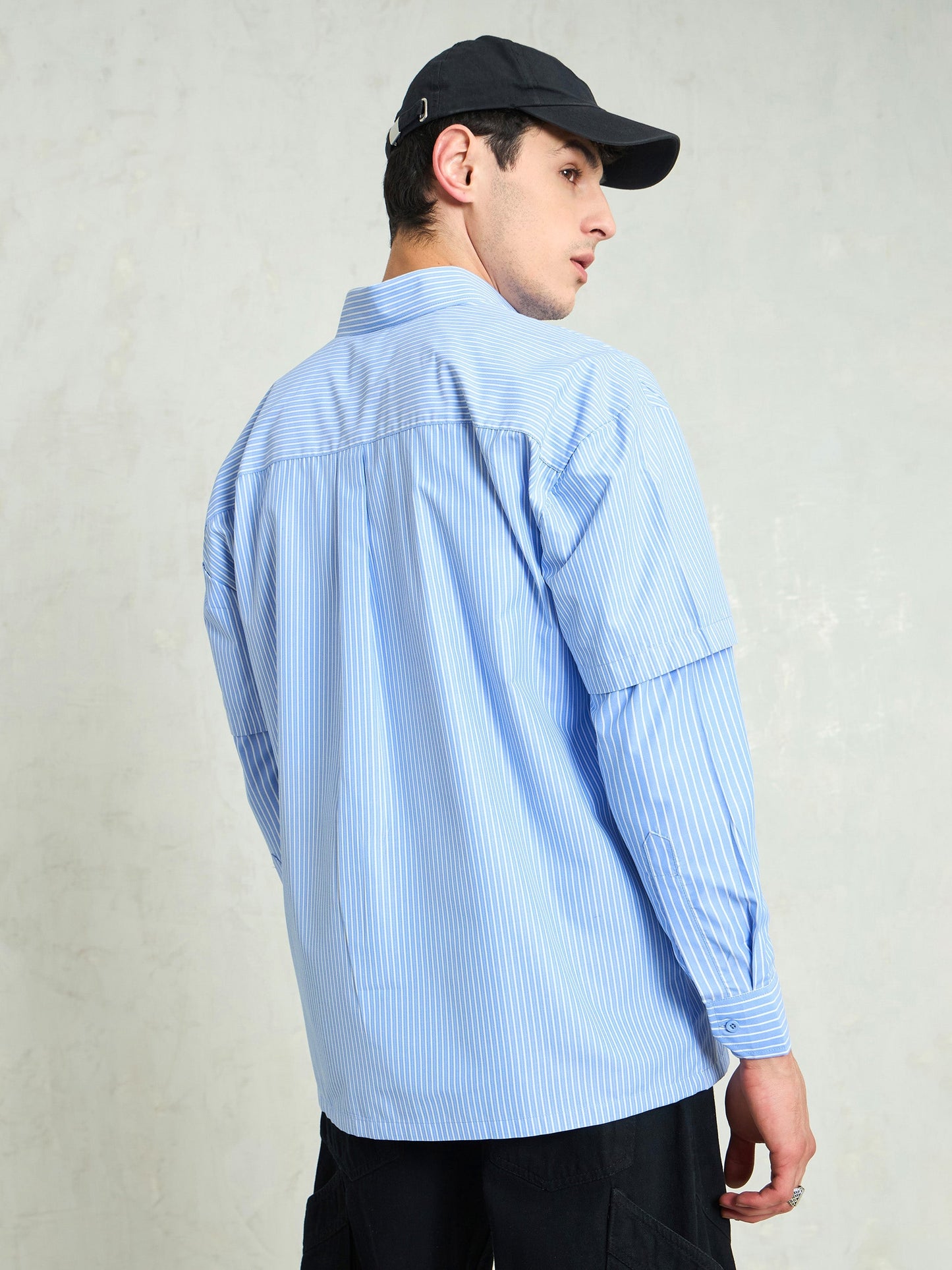 Men Blue & White Stripes Overlap Sleeve Relax Fit Shirt