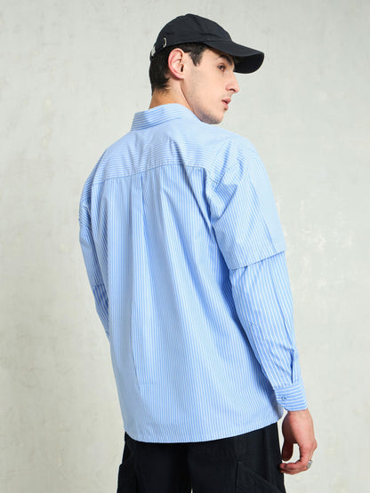 Men Blue & White Stripes Overlap Sleeve Relax Fit Shirt