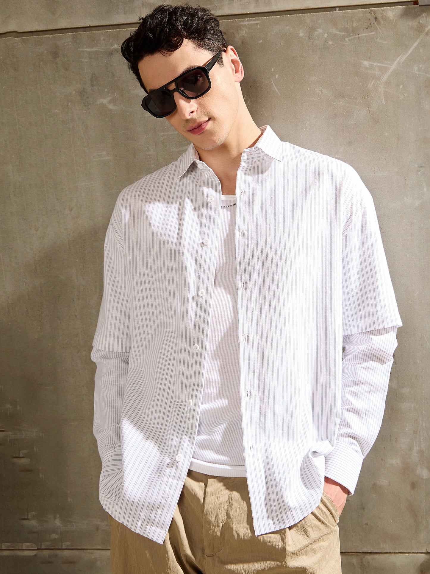 Men White & Grey Stripes Overlap Sleeve Relax Fit Shirt