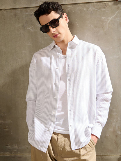 Men White & Grey Stripes Overlap Sleeve Relax Fit Shirt