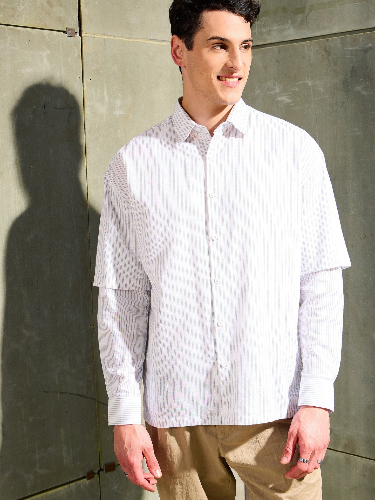 Men White & Grey Stripes Overlap Sleeve Relax Fit Shirt