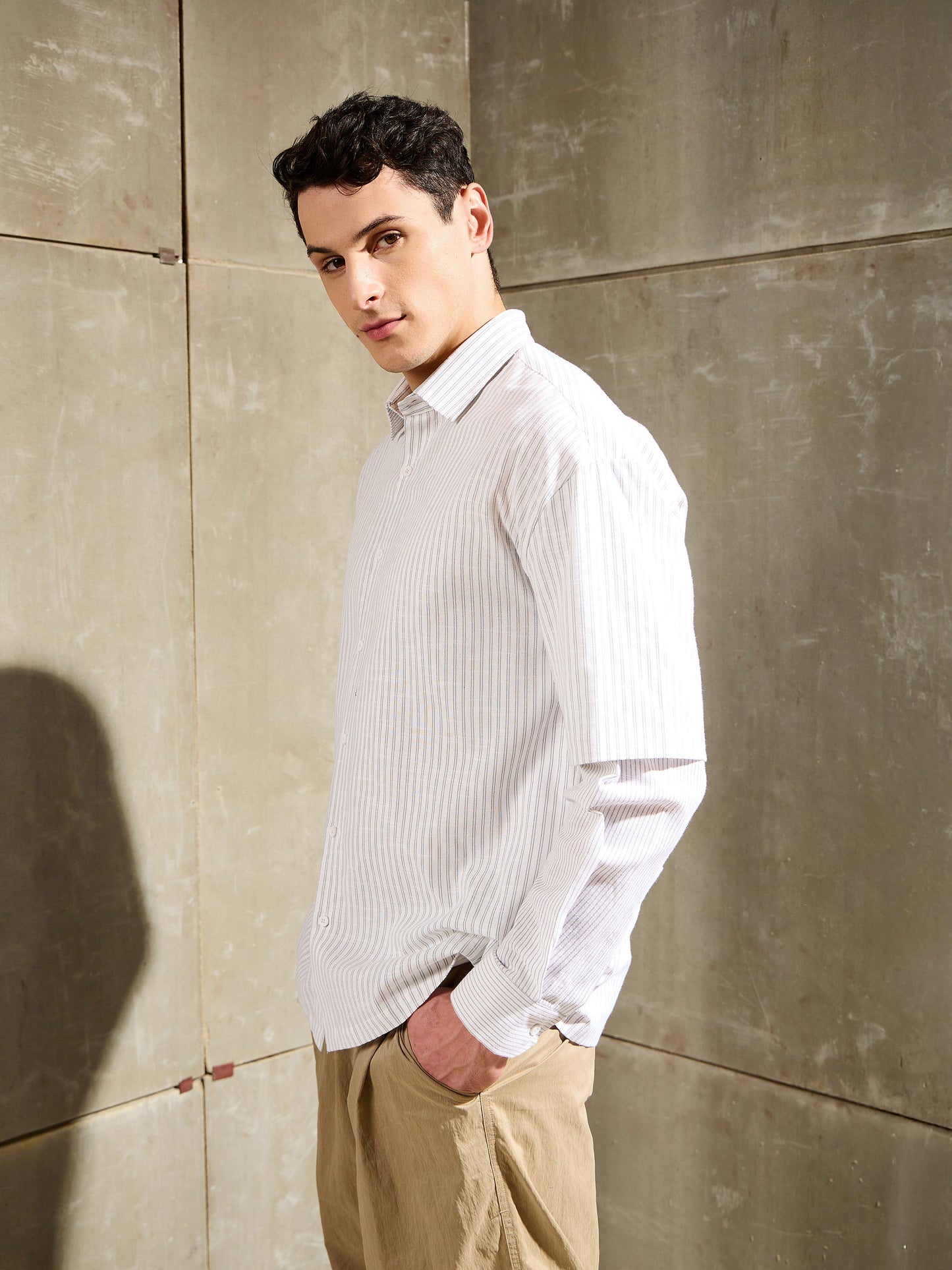 Men White & Grey Stripes Overlap Sleeve Relax Fit Shirt