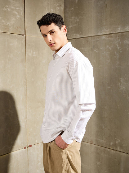 Men White & Grey Stripes Overlap Sleeve Relax Fit Shirt