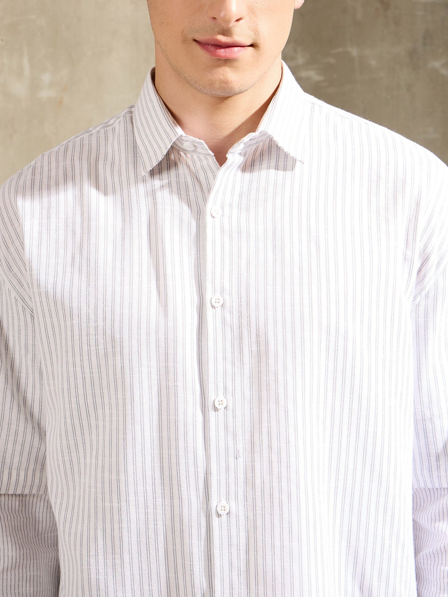 Men White & Grey Stripes Overlap Sleeve Relax Fit Shirt