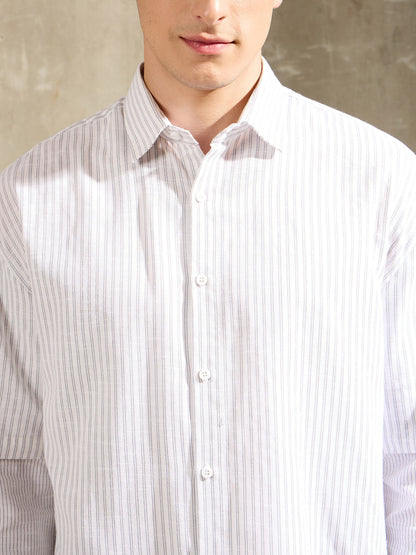 Men White & Grey Stripes Overlap Sleeve Relax Fit Shirt