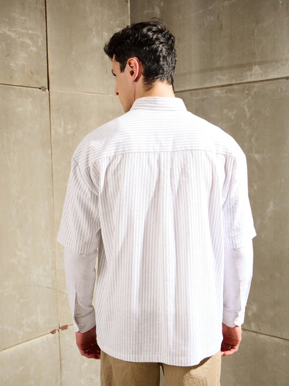 Men White & Grey Stripes Overlap Sleeve Relax Fit Shirt
