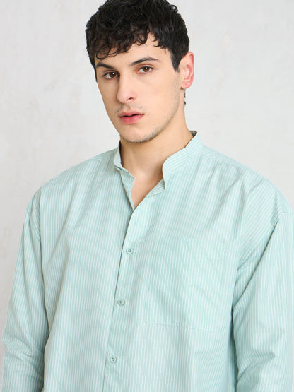 Men Green & White Stripes Mandarin Collar Relax Fit Shirt