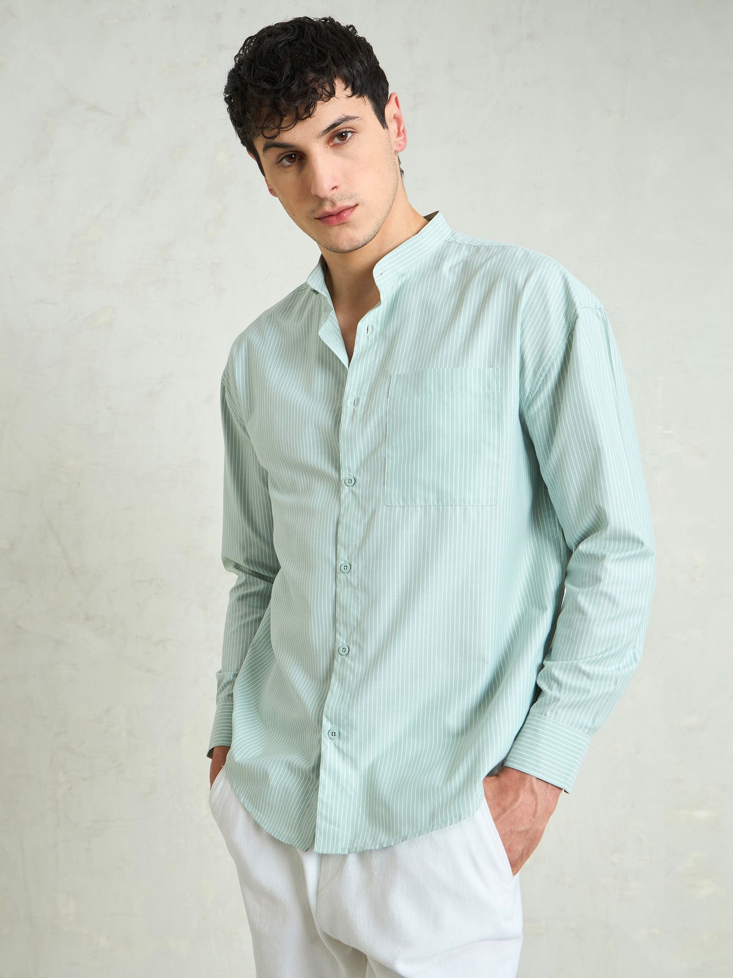 Men Green & White Stripes Mandarin Collar Relax Fit Shirt