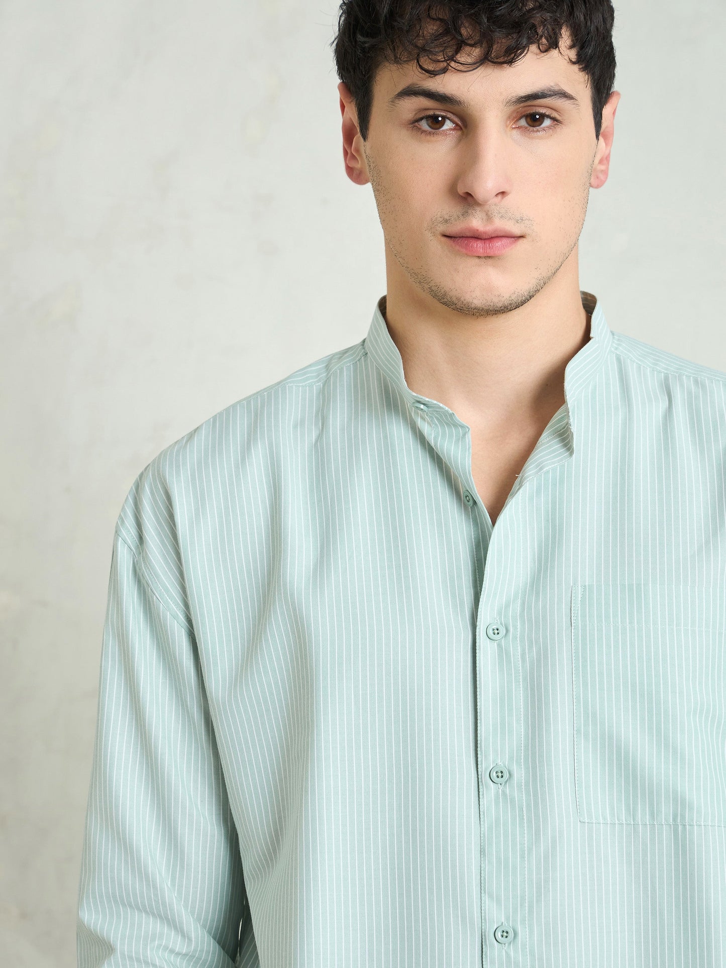 Men Green & White Stripes Mandarin Collar Relax Fit Shirt