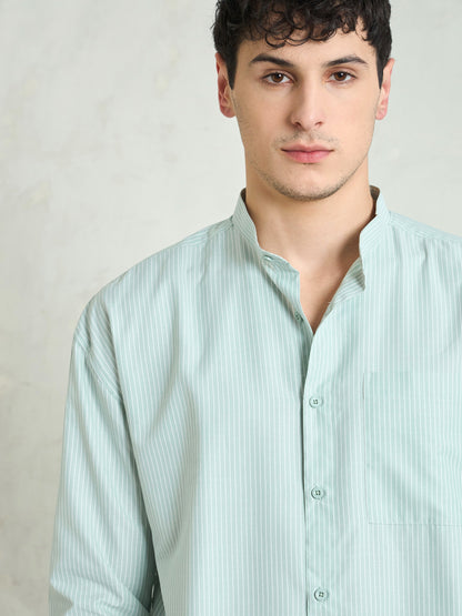 Men Green & White Stripes Mandarin Collar Relax Fit Shirt