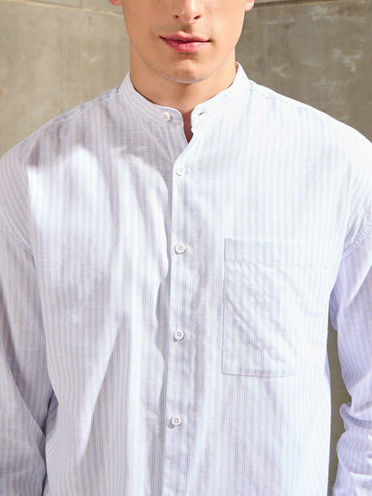 Men White & Blue Stripes Mandarin Collar Relax Fit Shirt