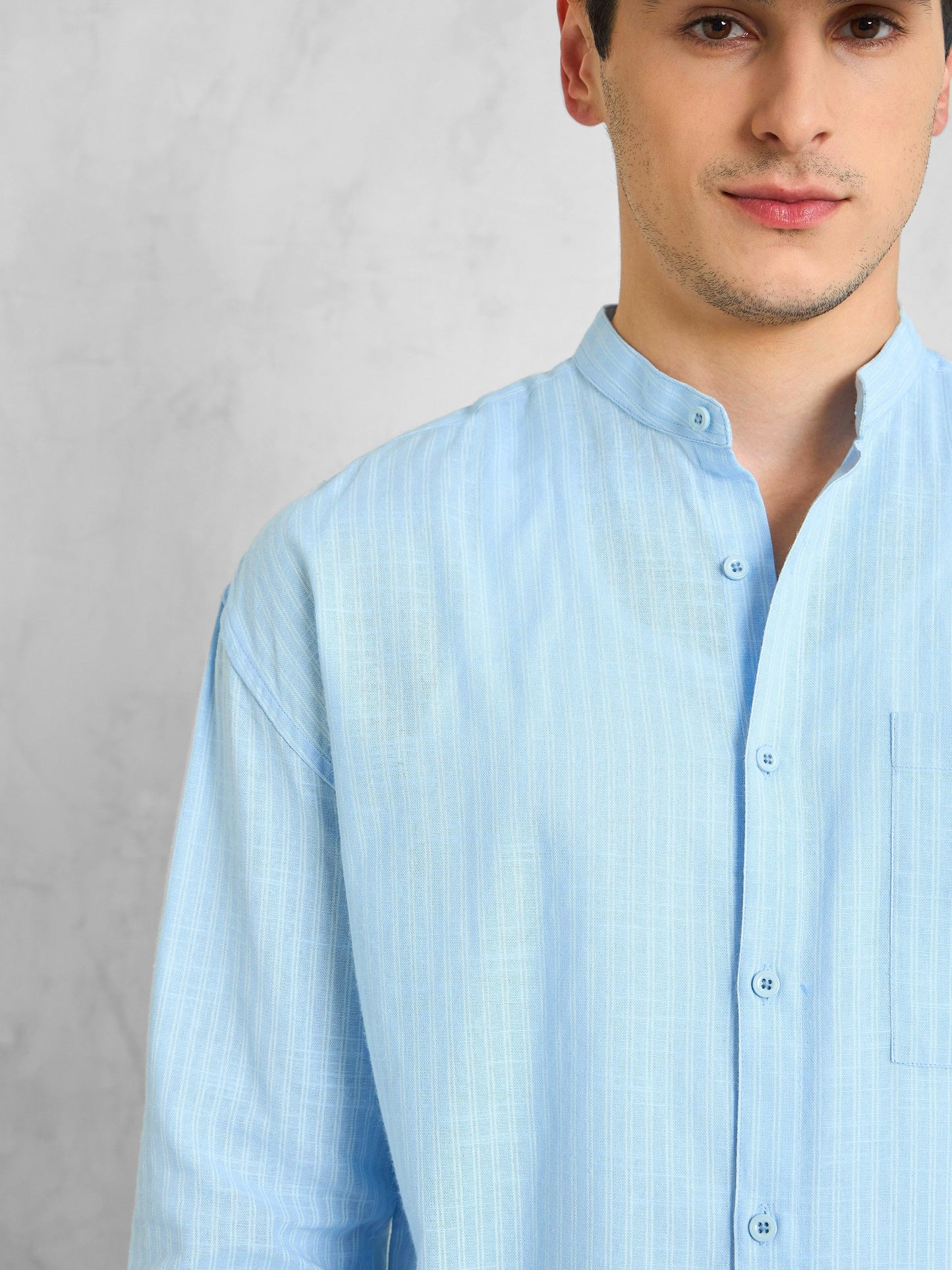 Men Blue & White Stripes Mandarin Collar Relax Fit Shirt
