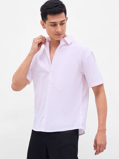 Men Pink & White Stripes Short Sleeve Shirt