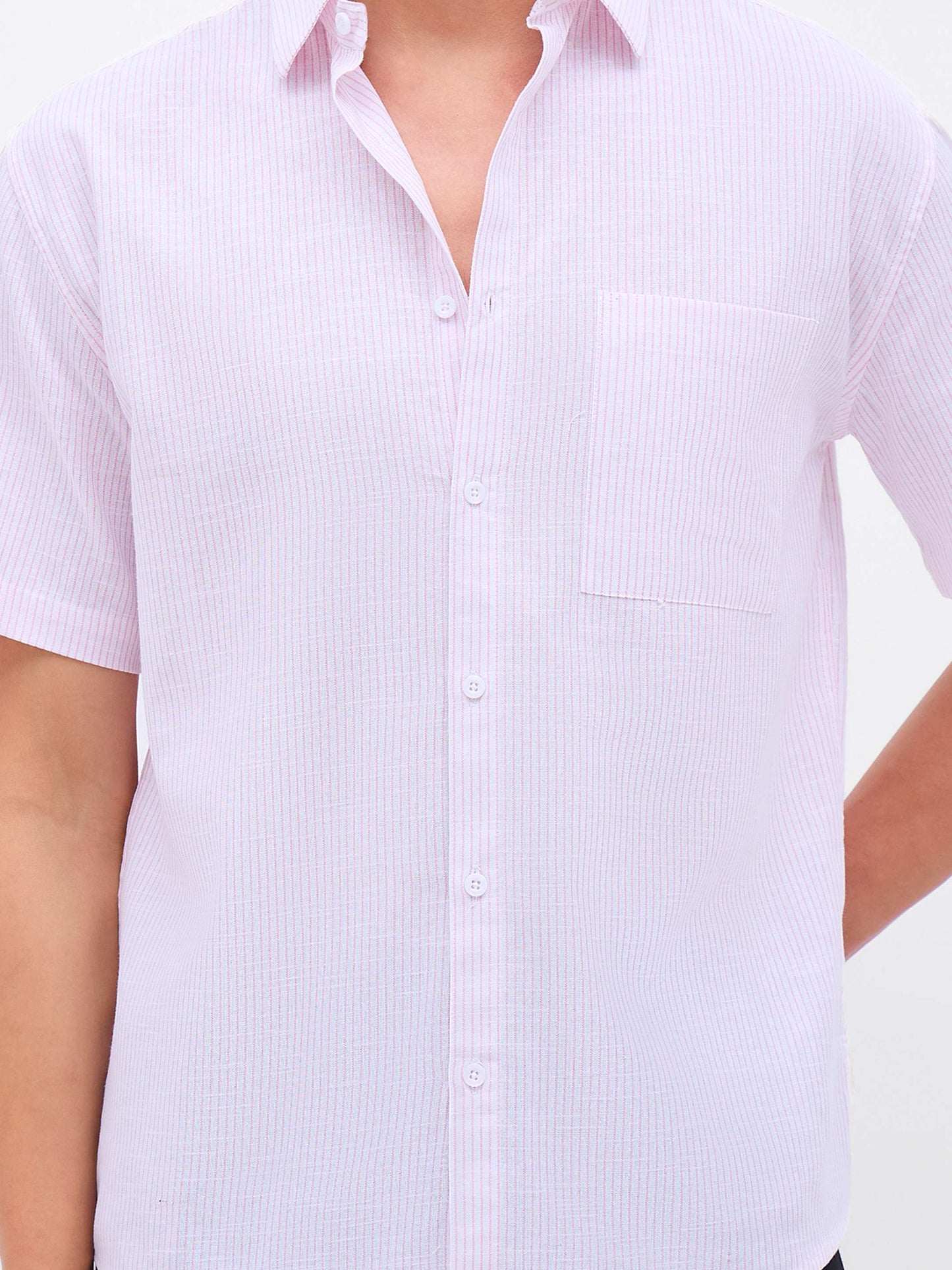 Men Pink & White Stripes Short Sleeve Shirt