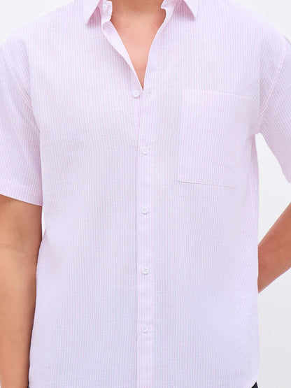 Men Pink & White Stripes Short Sleeve Shirt