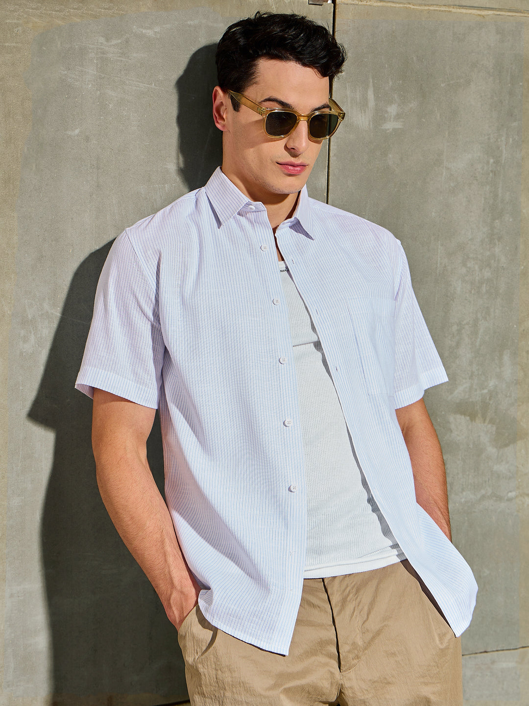 Men Blue &amp; White Stripes Basic Relax Fit Shirt