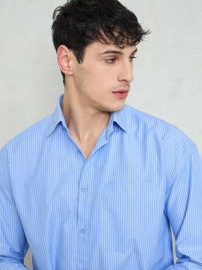 Men Blue & White Stripes Basic Relax Fit Shirt
