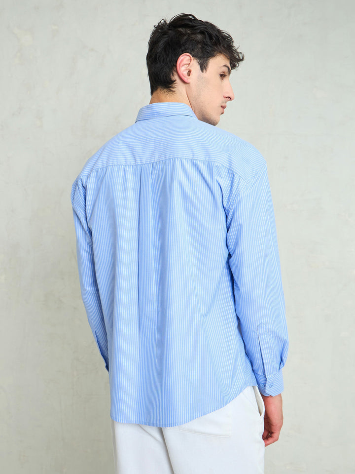 Men Blue &amp; White Stripes Basic Relax Fit Shirt