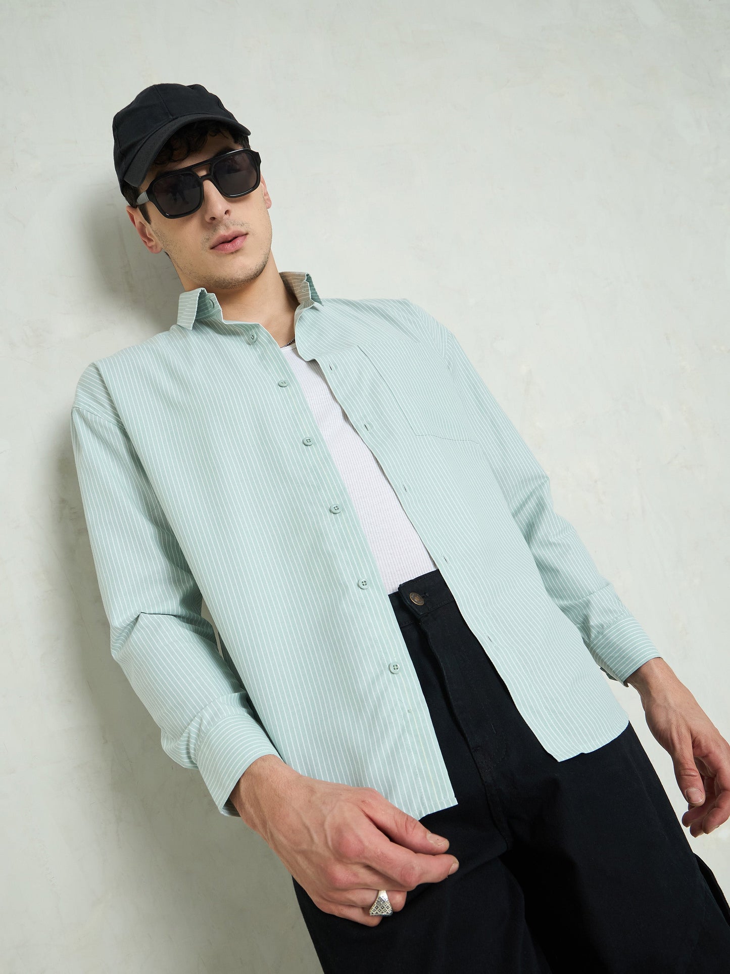 Men Green & White Stripes Basic Relax Fit Shirt