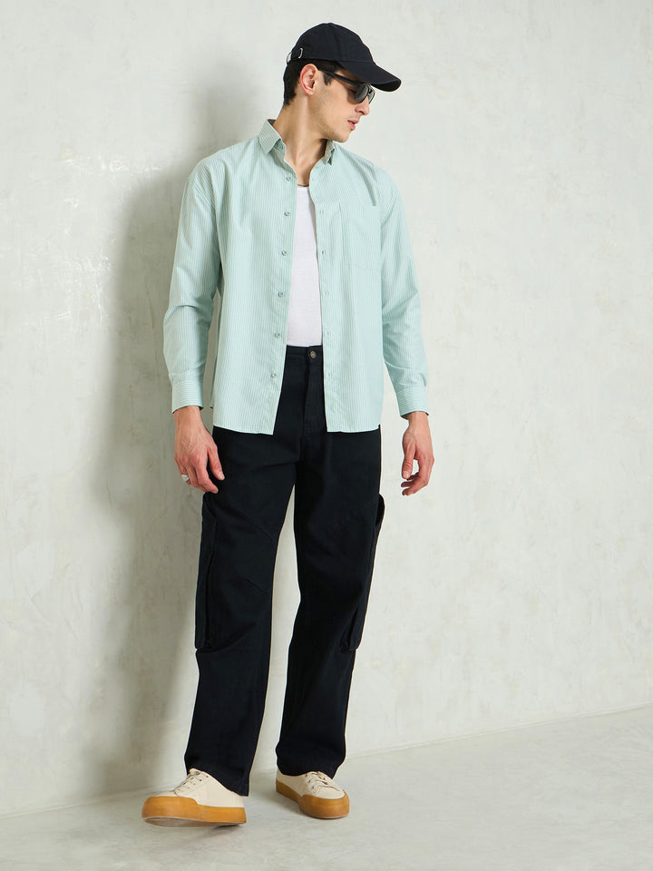 Men Green &amp; White Stripes Basic Relax Fit Shirt