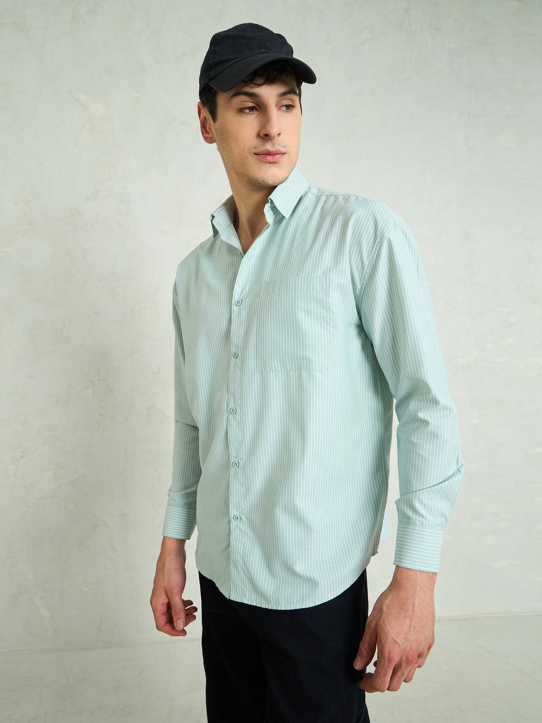 Men Green &amp; White Stripes Basic Relax Fit Shirt