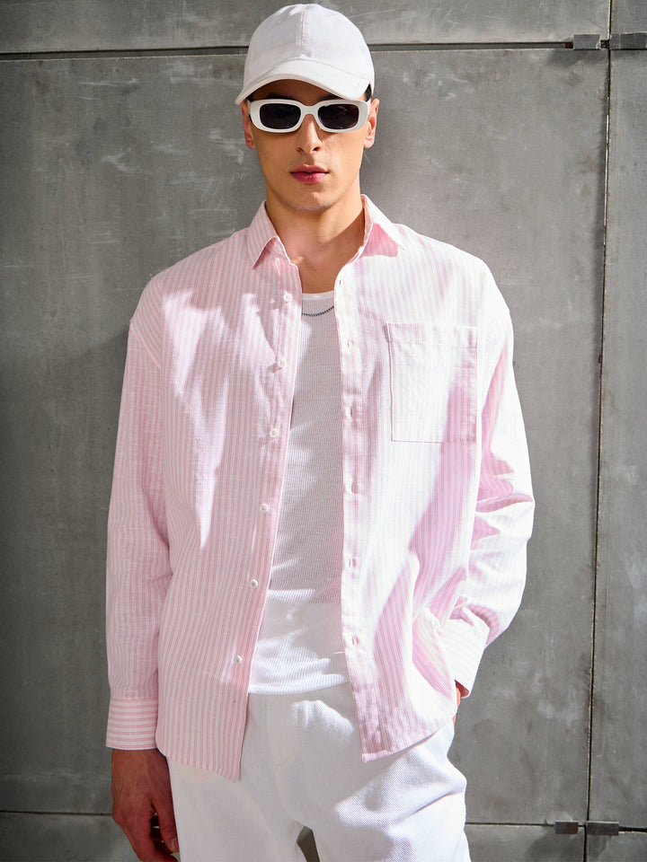 Men White &amp; Pink Stripe Basic Relax Fit Shirt