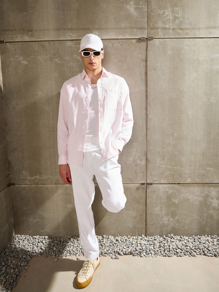 Men White &amp; Pink Stripe Basic Relax Fit Shirt