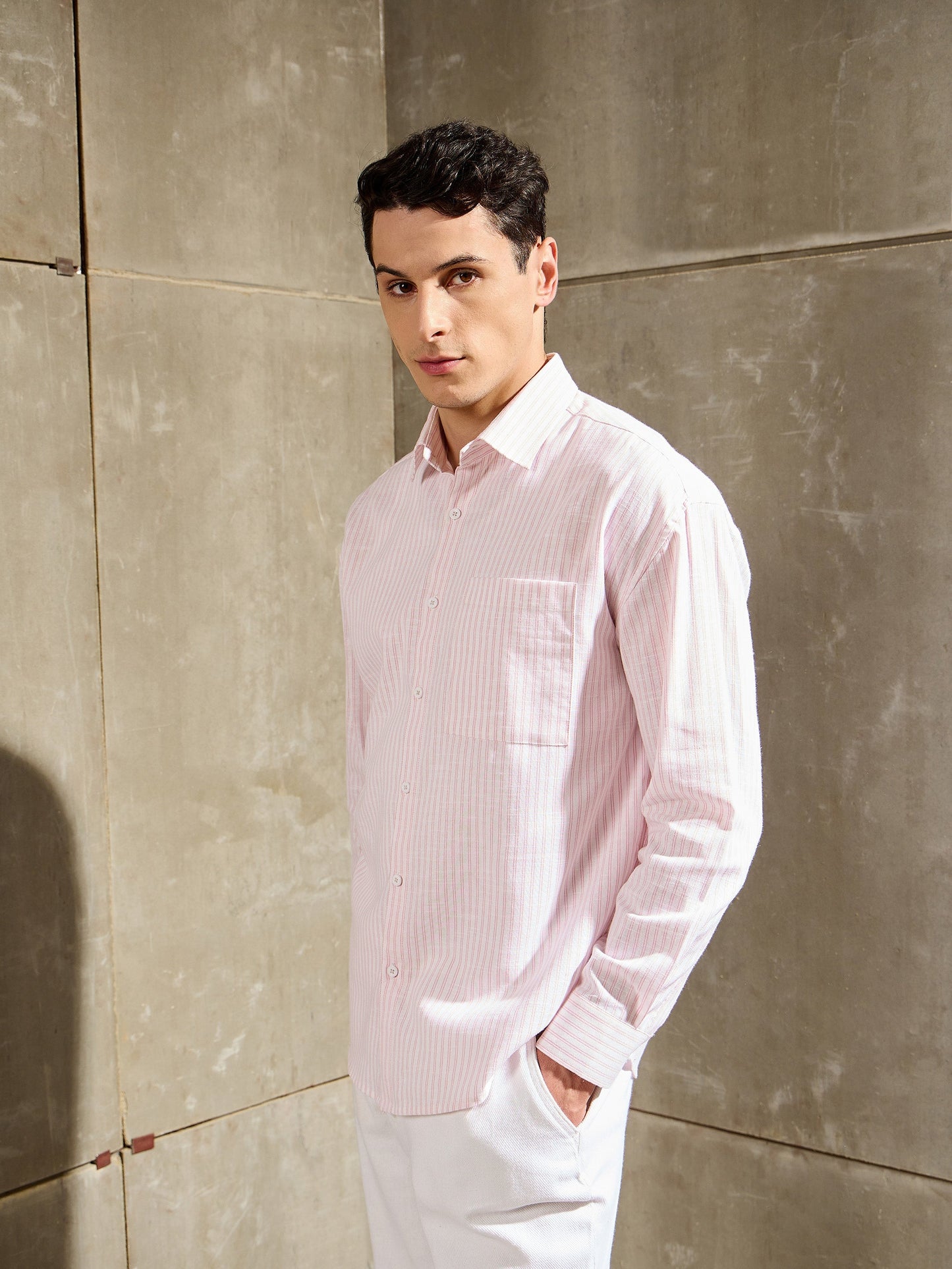Men White & Pink Stripe Basic Relax Fit Shirt