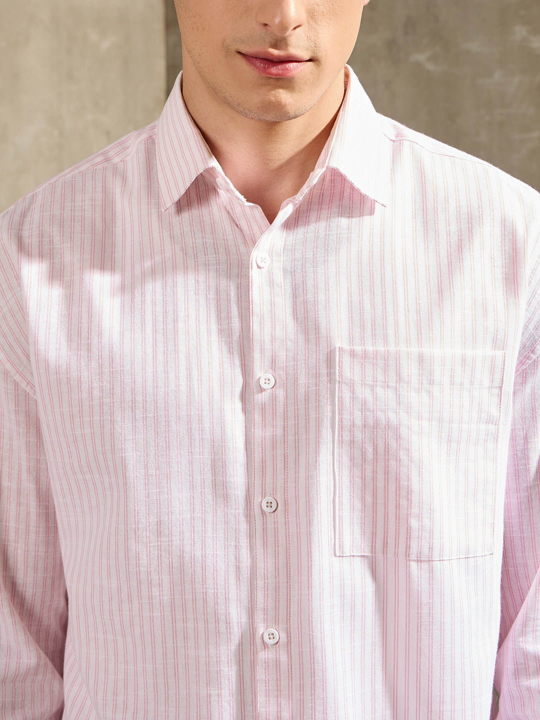 Men White &amp; Pink Stripe Basic Relax Fit Shirt