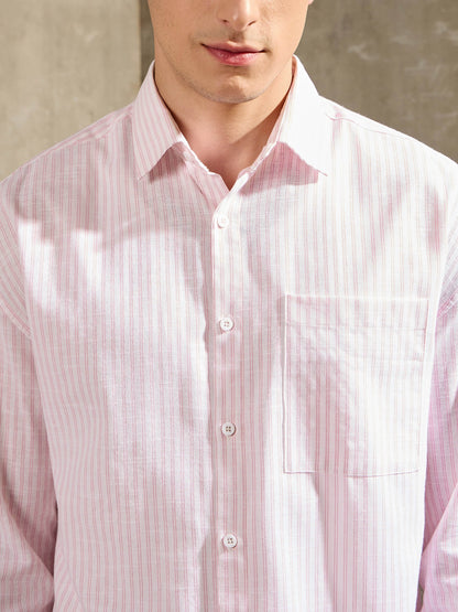 Men White & Pink Stripe Basic Relax Fit Shirt