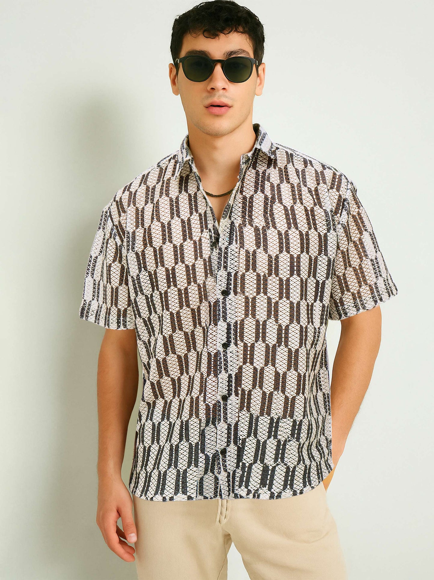 Men Beige & Black Geometric Print Crochet Shirt