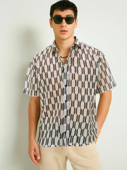 Men Beige & Black Geometric Print Crochet Shirt
