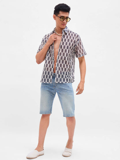 Men Beige & Black Geometric Print Crochet Shirt