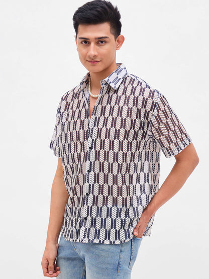 Men Beige & Black Geometric Print Crochet Shirt