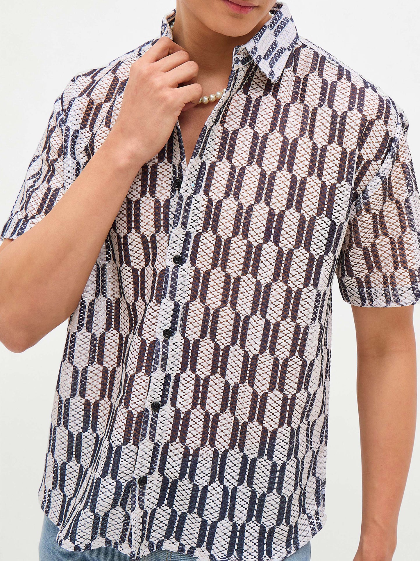 Men Beige & Black Geometric Print Crochet Shirt