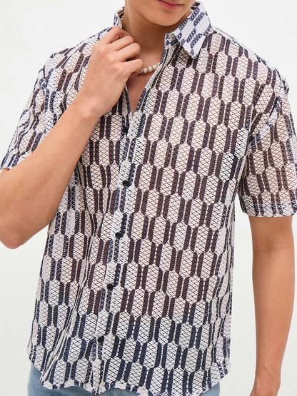 Men Beige & Black Geometric Print Crochet Shirt