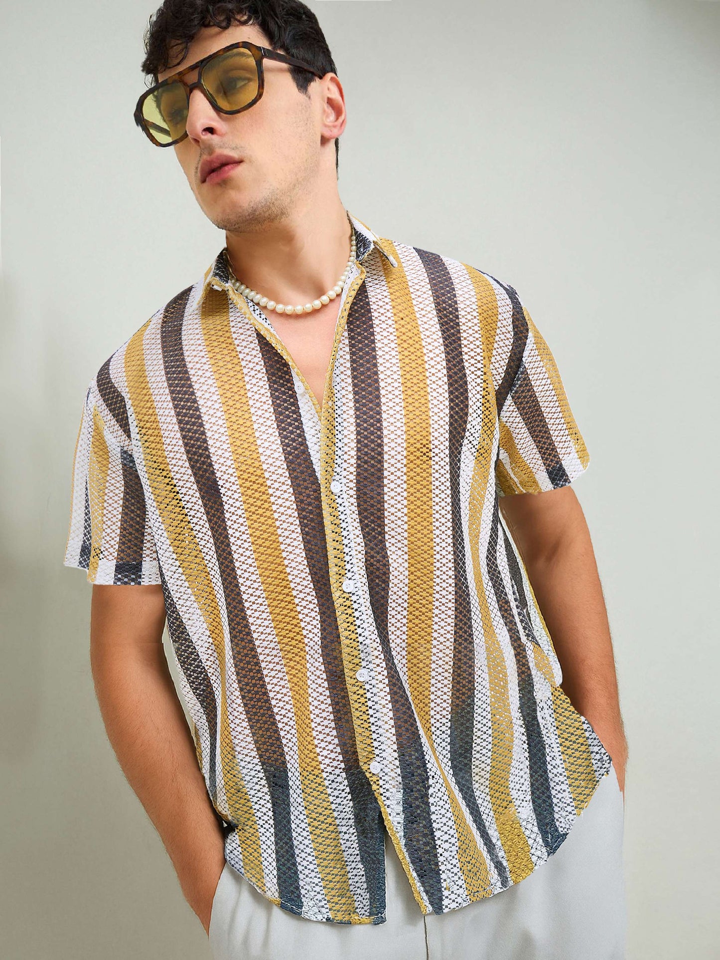 Men Mustard & White Stripes Crochet Shirt