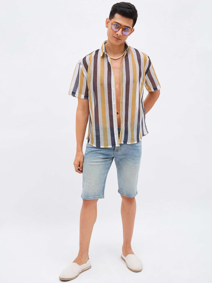 Men Mustard &amp; White Stripes Crochet Shirt