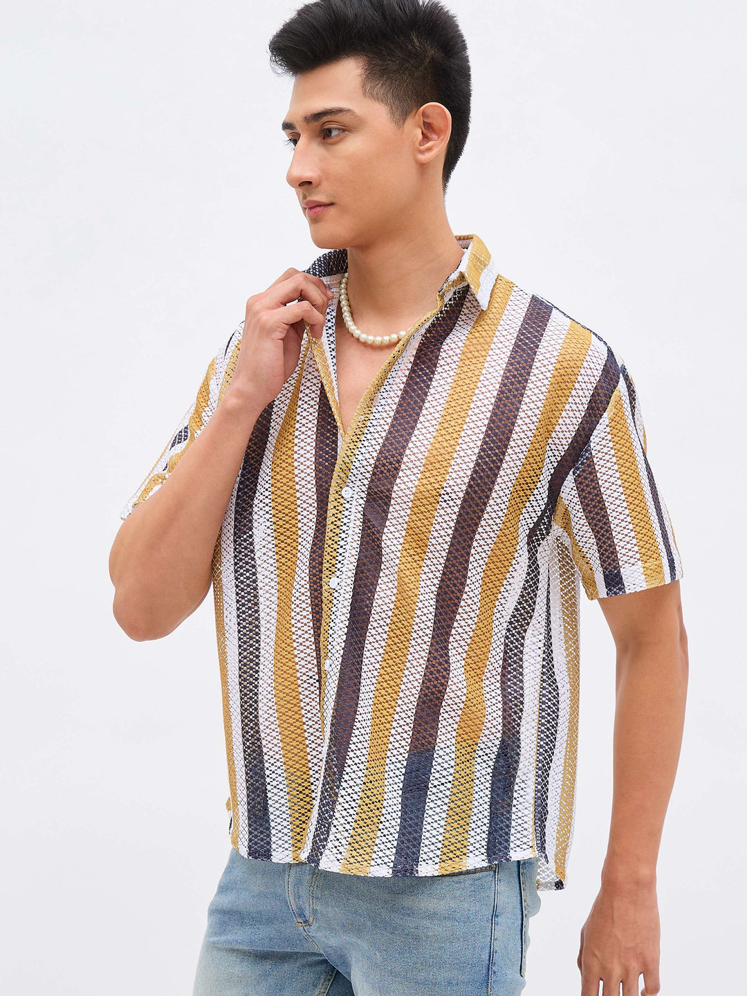 Men Mustard &amp; White Stripes Crochet Shirt
