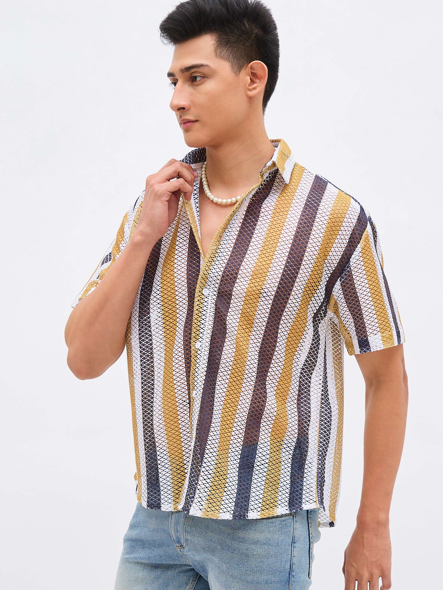 Men Mustard & White Stripes Crochet Shirt