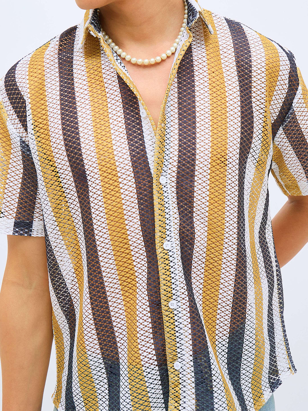 Men Mustard &amp; White Stripes Crochet Shirt