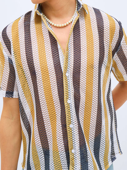 Men Mustard & White Stripes Crochet Shirt