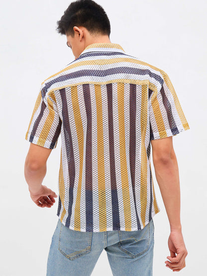 Men Mustard & White Stripes Crochet Shirt