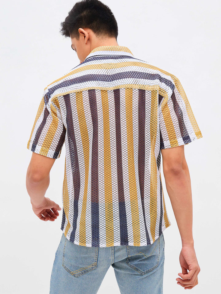 Men Mustard &amp; White Stripes Crochet Shirt