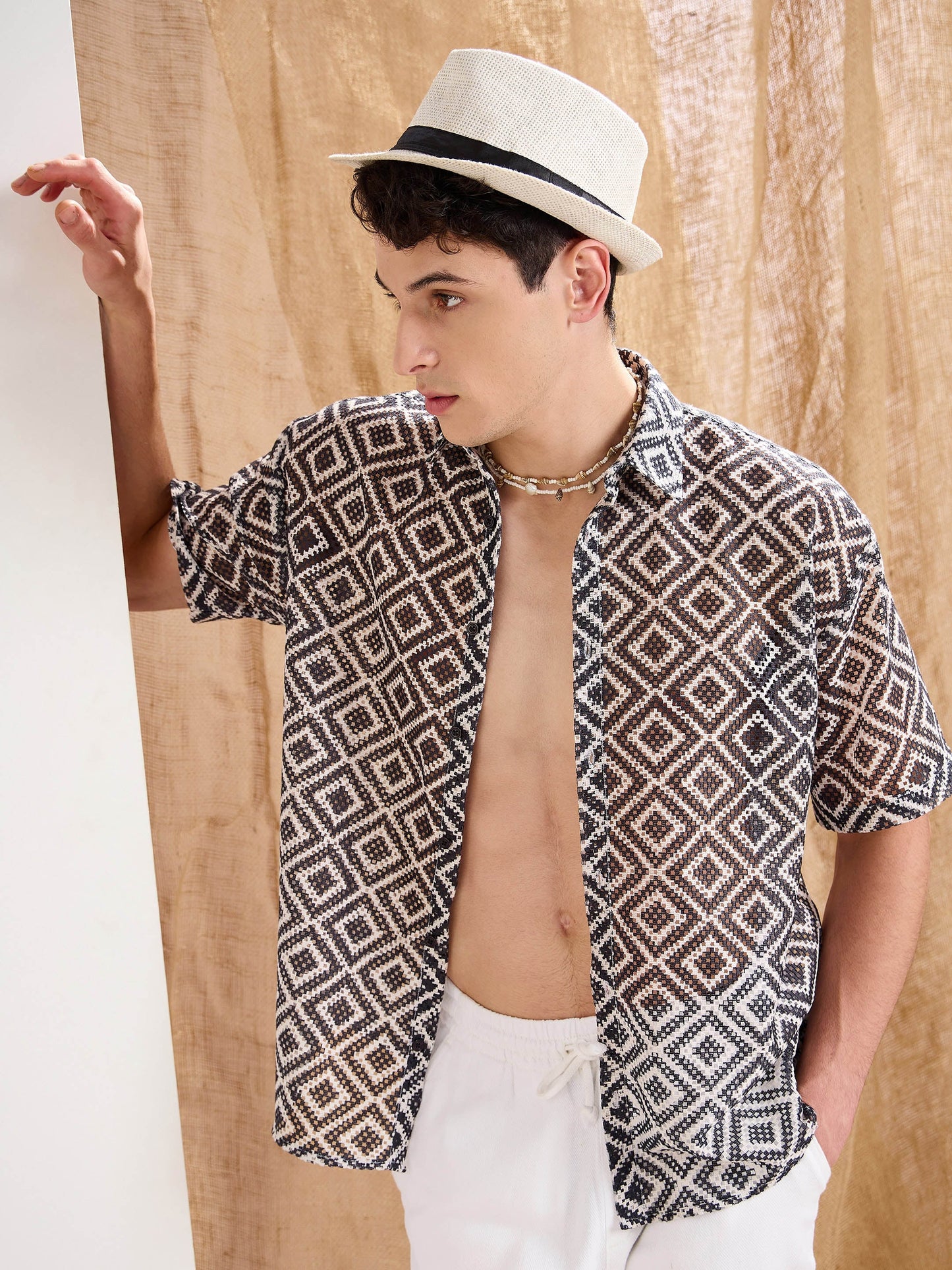 Men Black & White Geometric Print Crochet Shirt