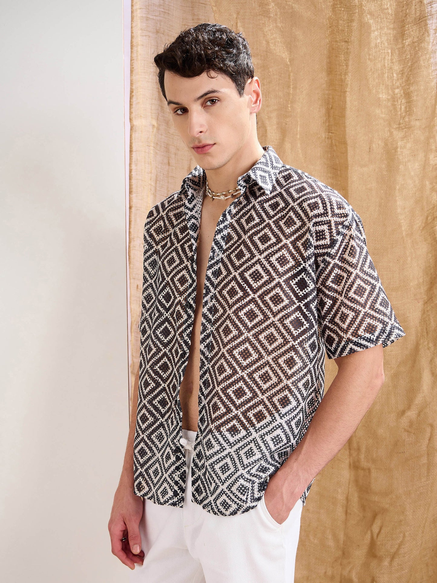 Men Black & White Geometric Print Crochet Shirt