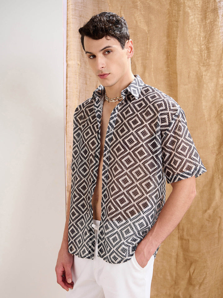 Men Black &amp; White Geometric Print Crochet Shirt