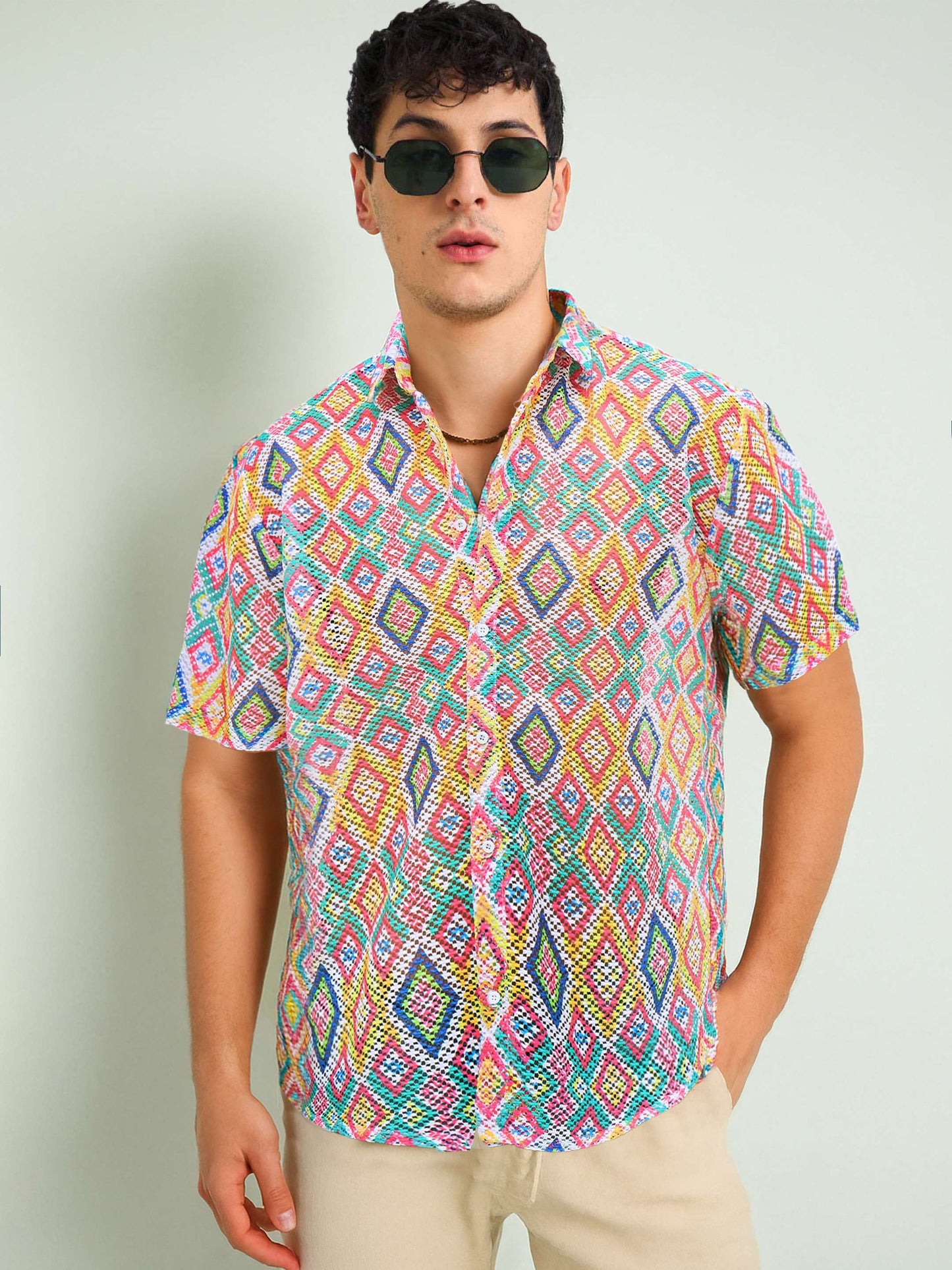 Men Multi Color Geometric Print Crochet Shirt